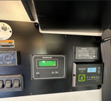 RV rental control panel: Zamp Solar charge controller (13.4V), Xantrex inverter, water pump, tank, and battery level monitors.