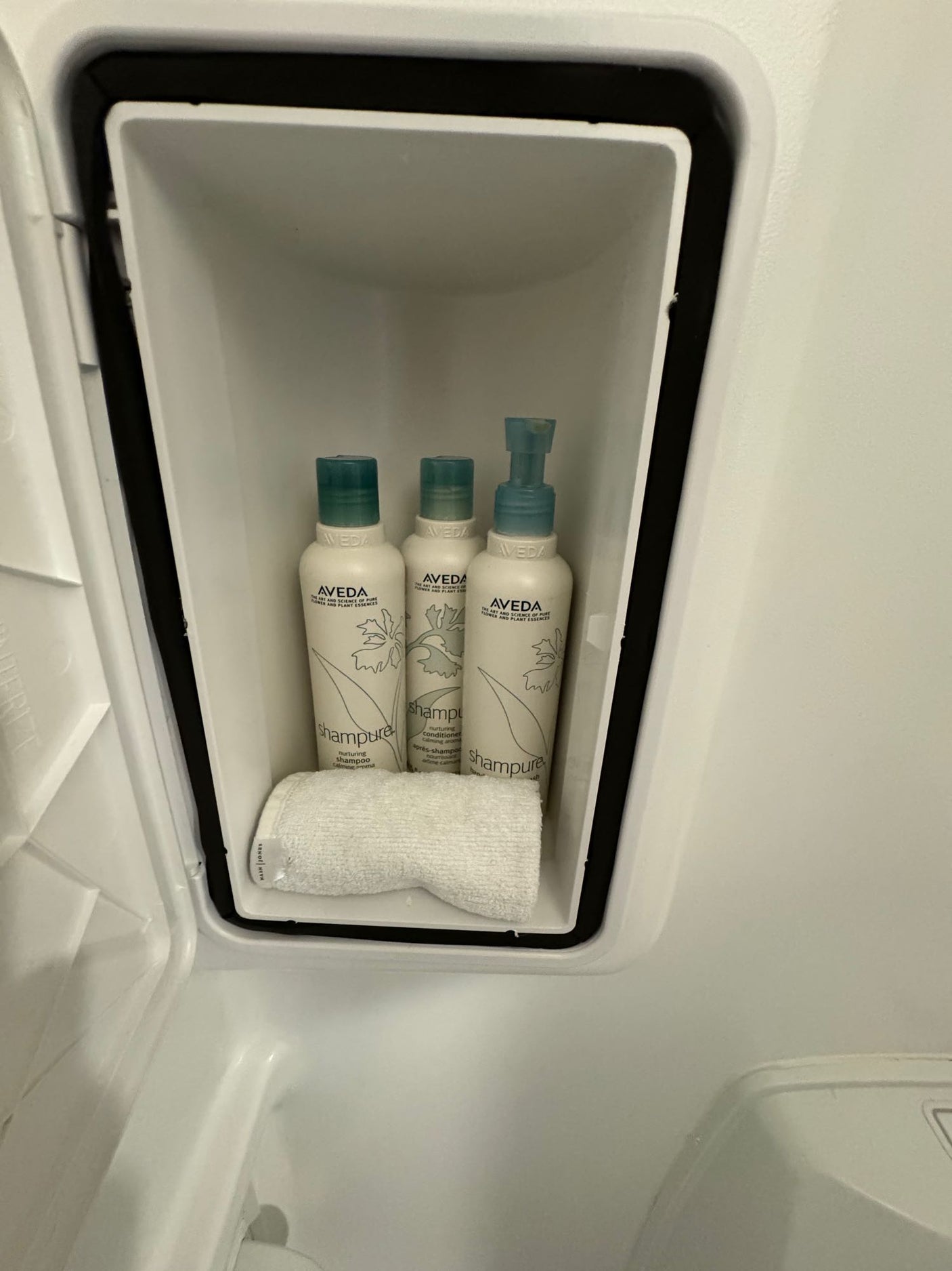 RV rental shower niche stocked with Aveda Shampure shampoo, conditioner, and a towel for guest use.