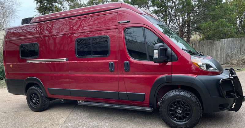  dark red RV rental camper van is ready for adventure. Side view shows off-road tires — photo 12