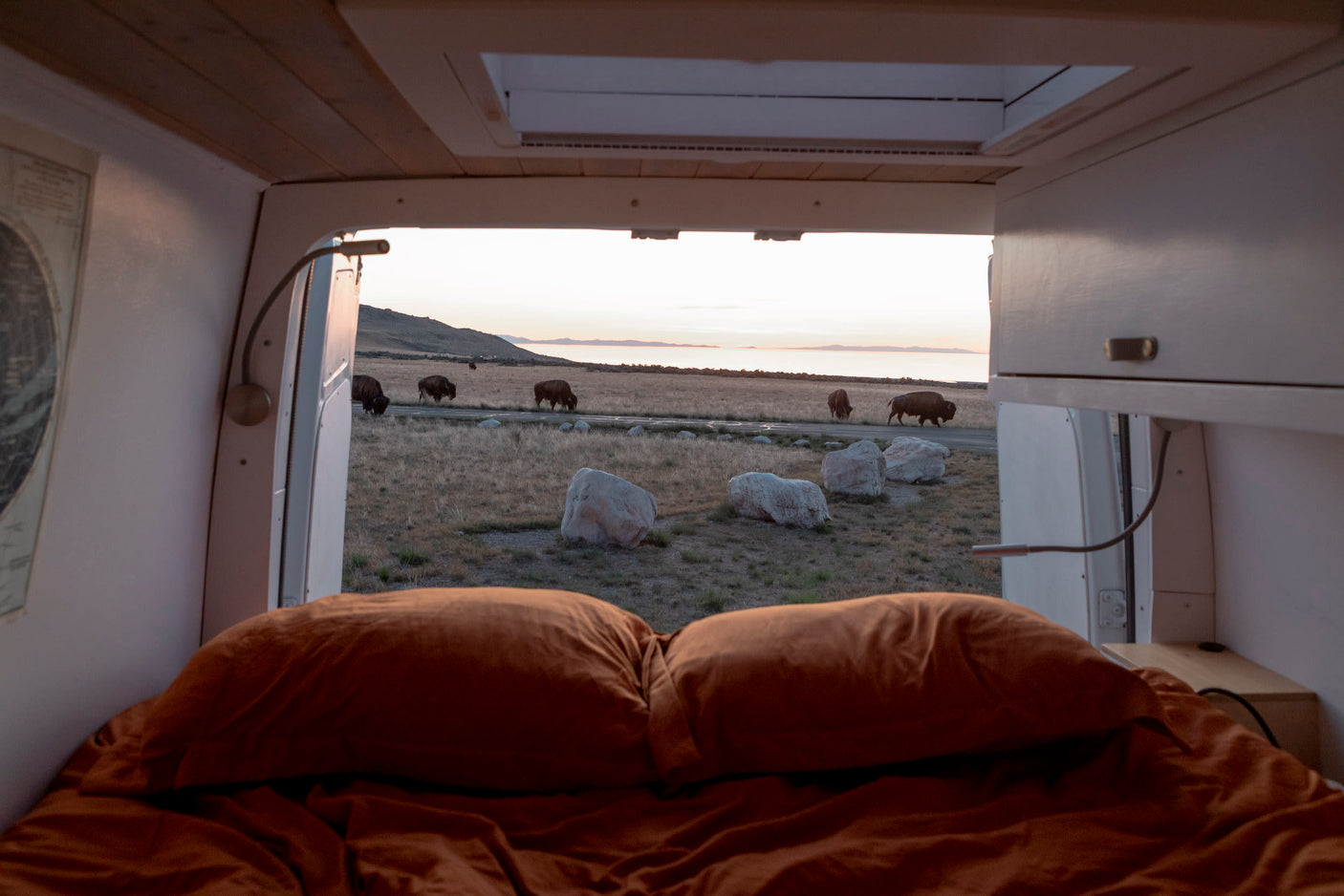 RV rental adventure: a cozy bed with an epic view of grazing bison and a serene lake at dusk.