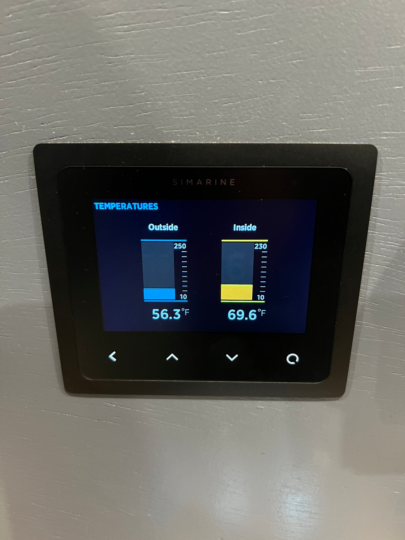 RV rental's Simarine digital display shows inside (69.6°F) and outside (56.3°F) temperatures for monitoring comfort. — photo 7