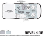RV rental Revel 44E floor plan: detailed interior layout with power bed, kitchen, wet bath, and seating areas.