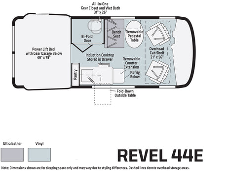 RV rental Revel 44E floor plan: detailed interior layout with power bed, kitchen, wet bath, and seating areas.