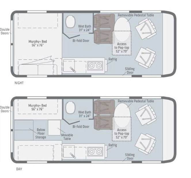 Detailed RV rental floor plans. Top: Night layout with Murphy bed. Bottom: Day setup showing flexible living space, wet bath & kitchen.