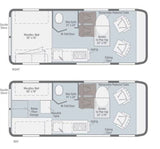 Detailed RV rental floor plans. Top: Night layout with Murphy bed. Bottom: Day setup showing flexible living space, wet bath & kitchen.