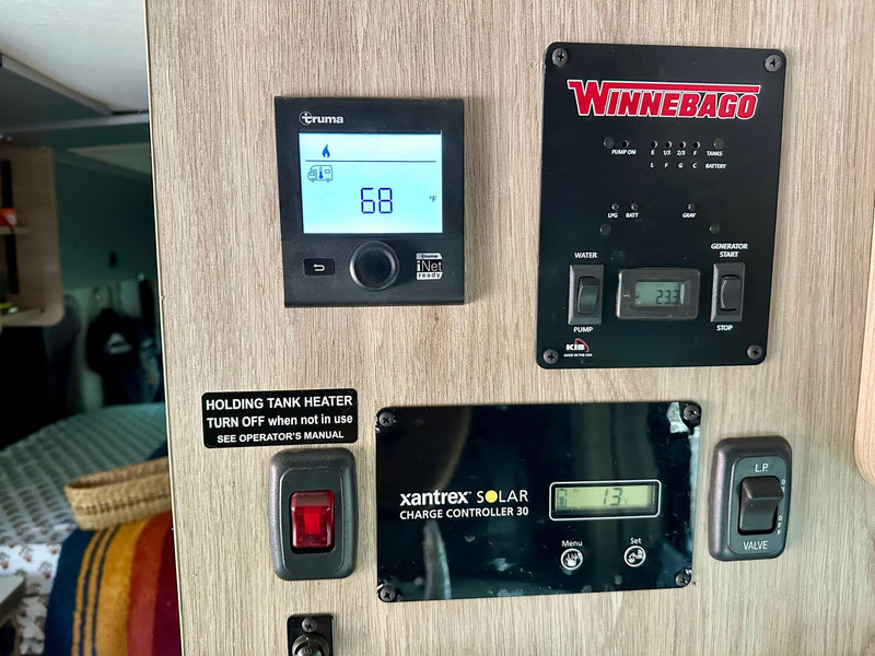  and colorful pennants. A glimpse of house "801" is visible outside.|Compact RV rental wet bath with a Thetford cassette toilet and shower tray — photo 17