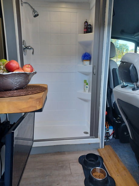 This RV rental interior features a functional shower, dog food station, TV, and fruit, offering comfort on the road.