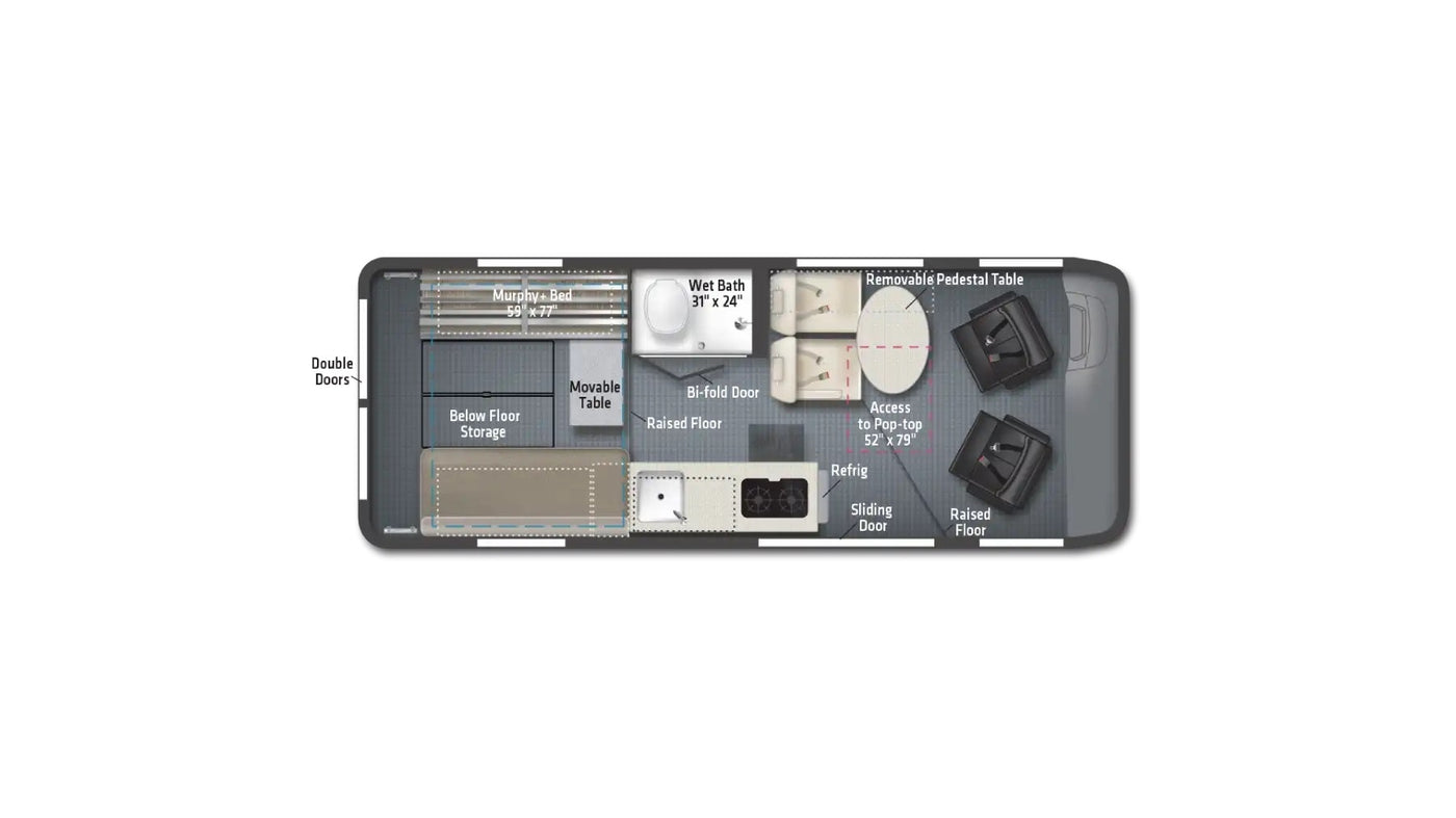 This RV rental's versatile floor plan features a Murphy bed, wet bath, kitchen, and pop-top access for expanded space. — photo 12