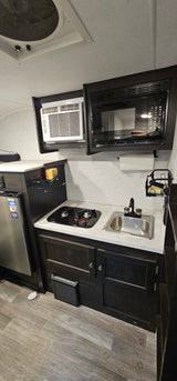 Inside an RV rental: a compact kitchen featuring a stove, sink, microwave, fridge, and wall AC unit.