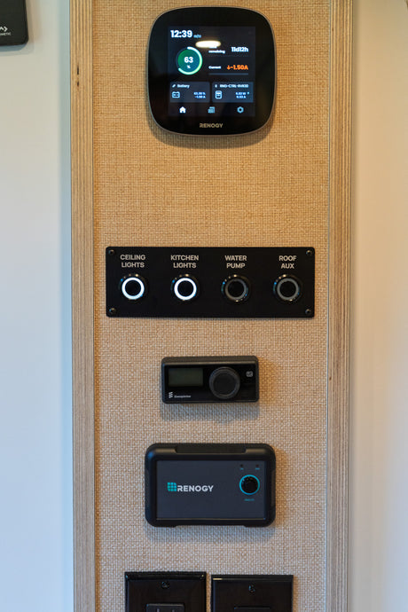 RV rental control panel: Renogy battery monitor, light/water pump switches, and Eberspächer heater for off-grid power management.