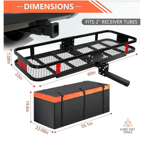 RV rental: Hitch cargo carrier (60x22x7.08in) & travel bag (55.1x22.08x19.6in) for added storage. Fits 2" receivers.