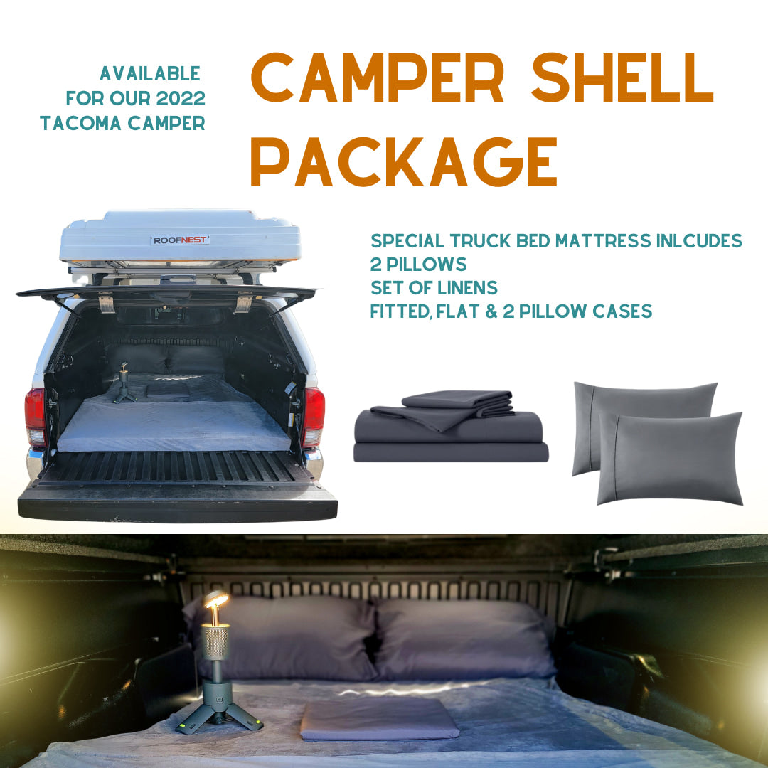 RV rental ready! Our Tacoma camper shell package includes a truck bed mattress, pillows, and linens for comfy travels.