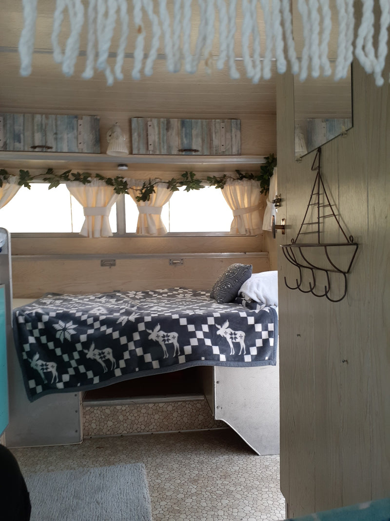 Cozy RV rental bedroom interior with a patterned blanket, rustic decor, and bright windows. — photo 9