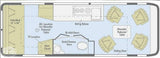 RV rental interior layout: Sofa/bed, kitchen, bath, and movable table in a compact camper van floor plan.