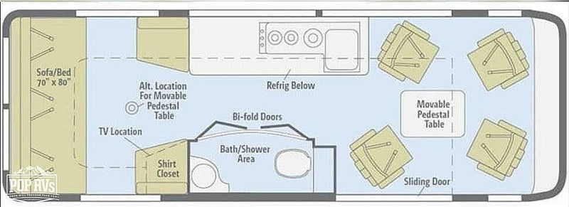 RV rental interior layout: Sofa/bed, kitchen, bath, and movable table in a compact camper van floor plan. — photo 3
