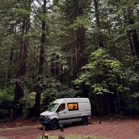 An RV rental, a white GEOTREK camper van, is nestled in a dense redwood forest at dusk, its interior warmly lit.