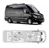 RV rental: Black Mercedes-Benz Sprinter camper van with its exterior profile and interior floor plan layout.