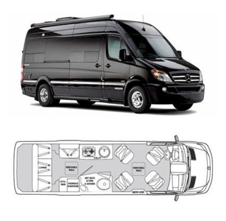 RV rental: Black Mercedes-Benz Sprinter camper van with its exterior profile and interior floor plan layout.