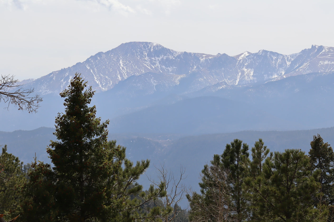 Snow-capped mountains rise in the distance, softened by haze, with dense pine trees framing the foreground. Explore with an RV rental.