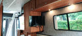 RV rental interior: wooden cabinets, wall-mounted TV, and a ladder to an upper bunk, with a scenic window view.