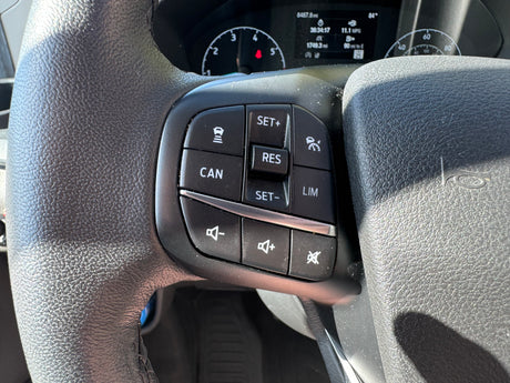 RV rental: Steering wheel with cruise control (SET, RES, CAN, LIM) and volume controls, plus dashboard details.