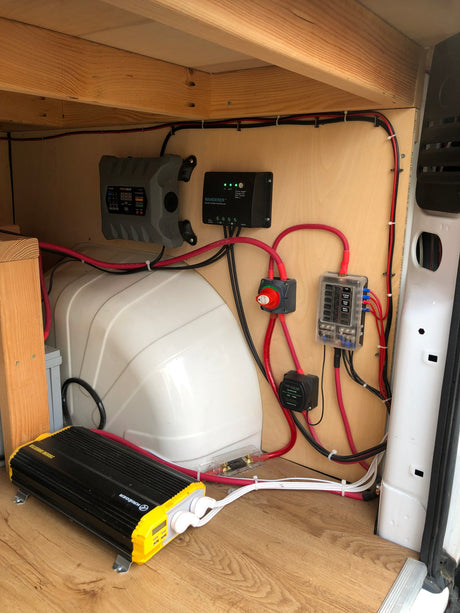 Inside an **RV rental**, a neatly wired 2000W inverter, solar charge controller, and battery system power essentials for travel.