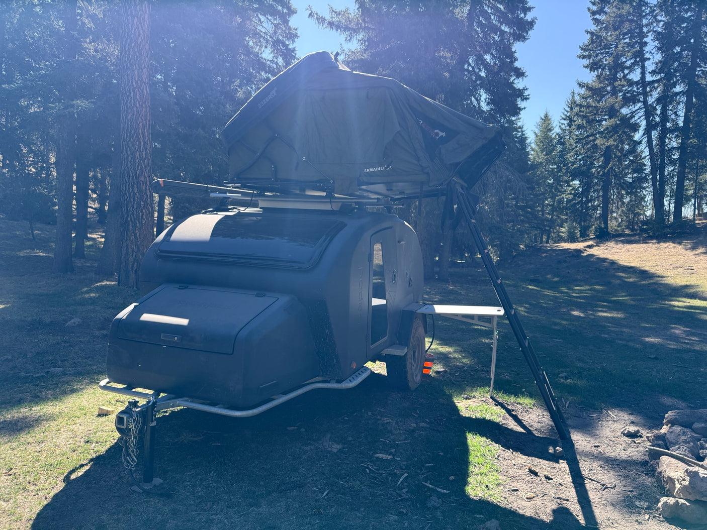 This Armadillo Pod X trailer with a 23ZERO rooftop tent, perfect for RV rental, is set in a sunny forest clearing.
