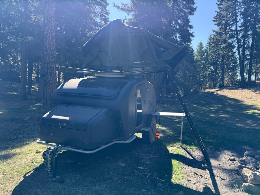This Armadillo Pod X trailer with a 23ZERO rooftop tent, perfect for RV rental, is set in a sunny forest clearing.
