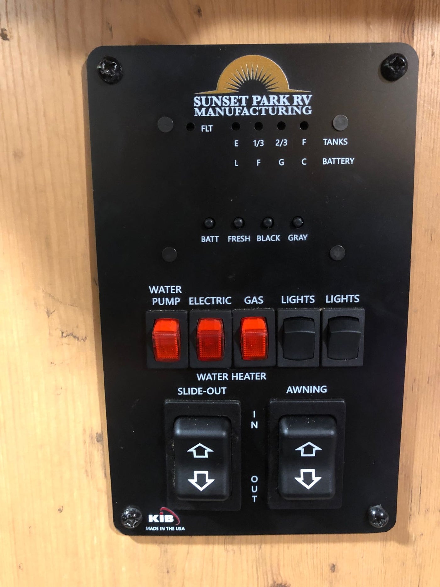 This RV rental control panel lets users monitor tanks & battery, and operate water pump, water heater, lights, slide-out, and awning. — photo 17