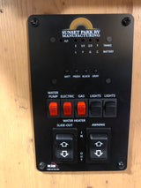 This RV rental control panel lets users monitor tanks & battery, and operate water pump, water heater, lights, slide-out, and awning.