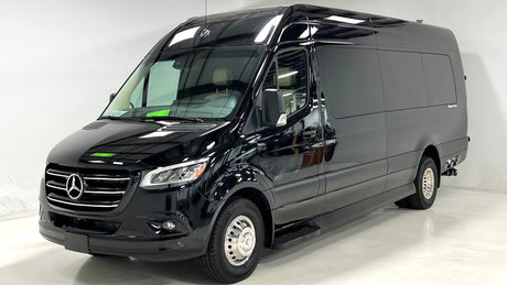 Experience luxury travel in this black Mercedes-Benz Sprinter camper van, ideal for rv rental. Sleek and polished.