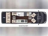 Overhead RV rental floor plan shows Grand Tour EXT camper van layout with kitchen, lounge, and bathroom.