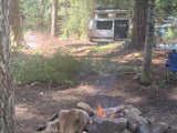 Enjoying a cozy RV rental campsite with a crackling campfire, parked campervan, and a person visible in the forest.