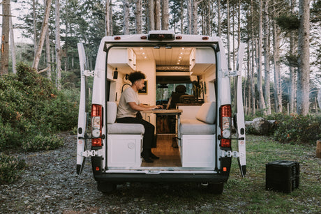 Man works on laptop in a modern RV rental camper van, parked in a serene forest. Ideal for remote work & travel.