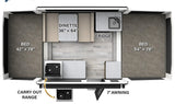 This RV rental pop-up camper floor plan displays interior beds (42"x78", 54"x78"), dinette, and kitchen layout.