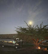 An RV rental camper van parked at night. A bright moon shines above a large tree, with a cozy campfire below. Perfect for camping.