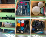 Inside RV rental drawers: kitchen essentials, organized from utensils, dishes, pots, to storage containers.