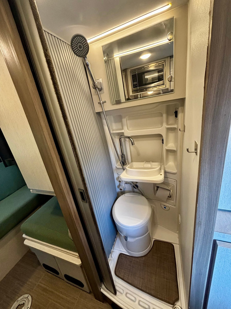 This rv rental features a compact wet bath with a shower, sink, toilet, and mirror, designed for efficient use of space. — photo 12