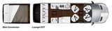 Explore RV rental options: Top-down views of a camper van's Lounge EXT floor plan with kitchen/seating & bed conversion.