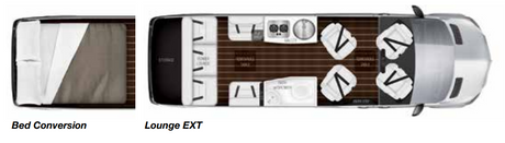 Explore RV rental options: Top-down views of a camper van's Lounge EXT floor plan with kitchen/seating & bed conversion.