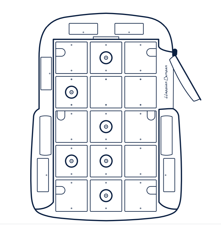 Top-down view of a Happier Camper RV rental interior, showing its modular layout with square components, some with circular features and U-shaped cutouts.