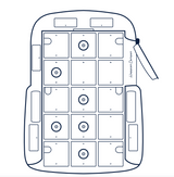 Top-down view of a Happier Camper RV rental interior, showing its modular layout with square components, some with circular features and U-shaped cutouts.