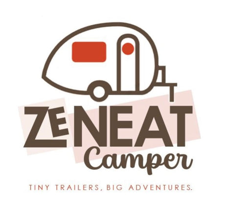 The Ze Neat Camper logo features a brown outlined tiny trailer above the brand name. Perfect for RV rental adventures!