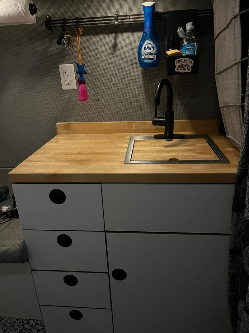 RV rental kitchen: compact sink, wood counter, and storage with essentials like Dawn soap. — photo 8