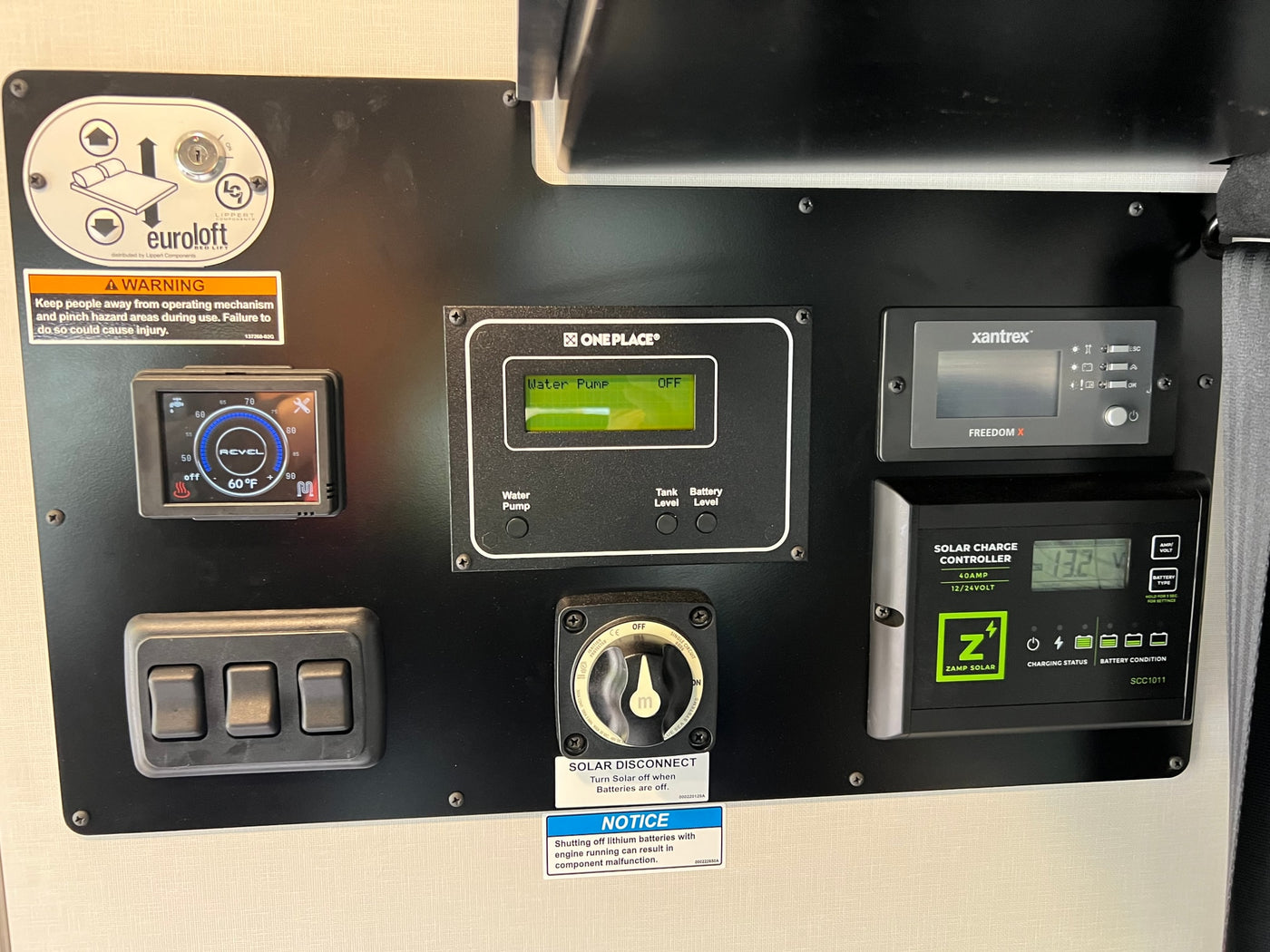 RV rental control panel: displays for water, solar, battery; switches for pump & Euroloft bed lift. Comprehensive RV management. — photo 8