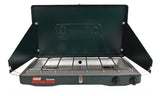 A dark green Coleman two-burner propane stove, perfect for outdoor cooking on your next RV rental trip.