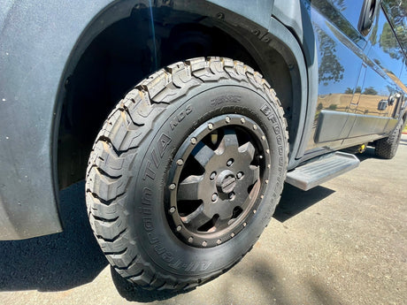 BFGoodrich All-Terrain KO2 tire and Raceline wheel on an RV rental. Perfect for rugged off-road camper van adventures.