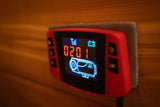 RV rental's red heater control panel, showing 0201, signal, and battery on a wooden wall.
