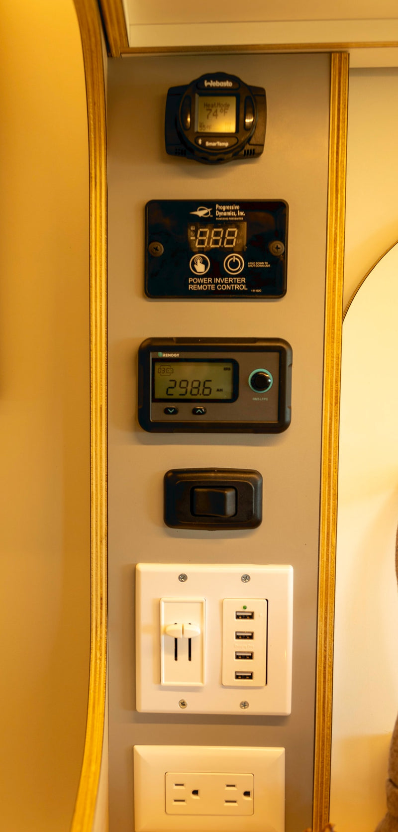 RV rental control panel: Webasto thermostat, power inverter, Renogy battery monitor, USB ports, and AC outlets for comfort. — photo 16
