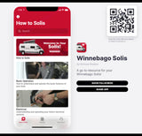 A mobile app for Winnebago Solis RV operation is displayed, offering a valuable guide for RV rental users.